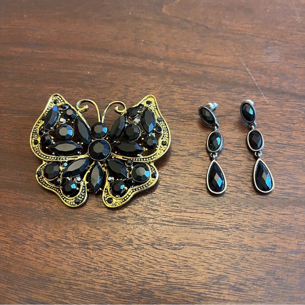 Butterfly Vintage Pin with Black Rhinestones and earrings